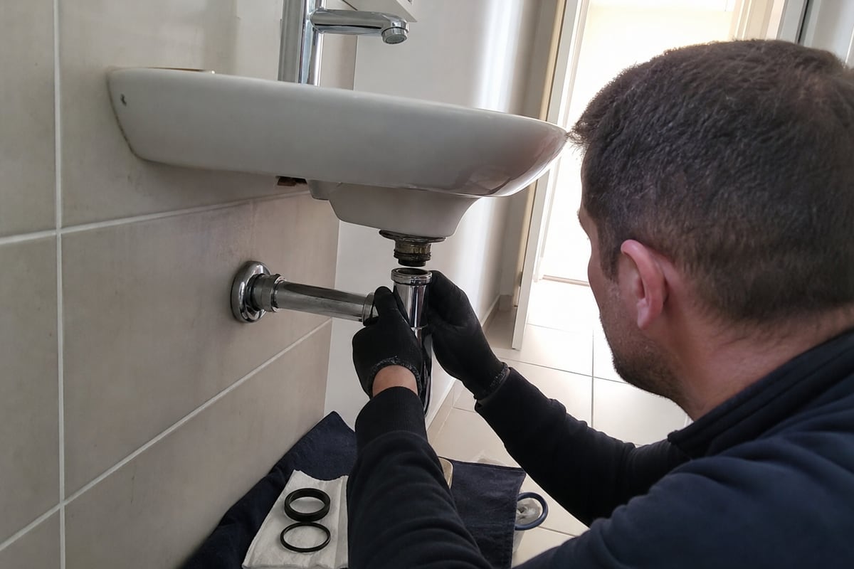 plombier démonte siphon sous lavabo mural