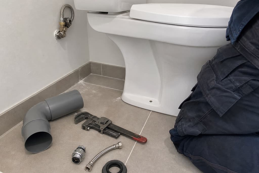 outillage de plombier posé près d'une cuvette de WC