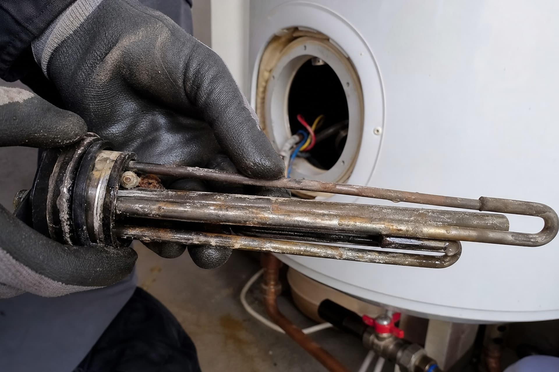 résistance chauffe-eau retirée mains gantées
